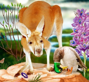 Fowl Painting - kangaroo and Anas platyrhynchos